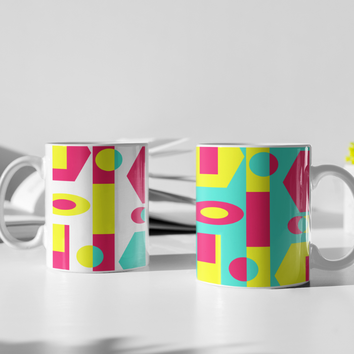 Mugs, Colorful geometric abstract design on a coffee mugs.